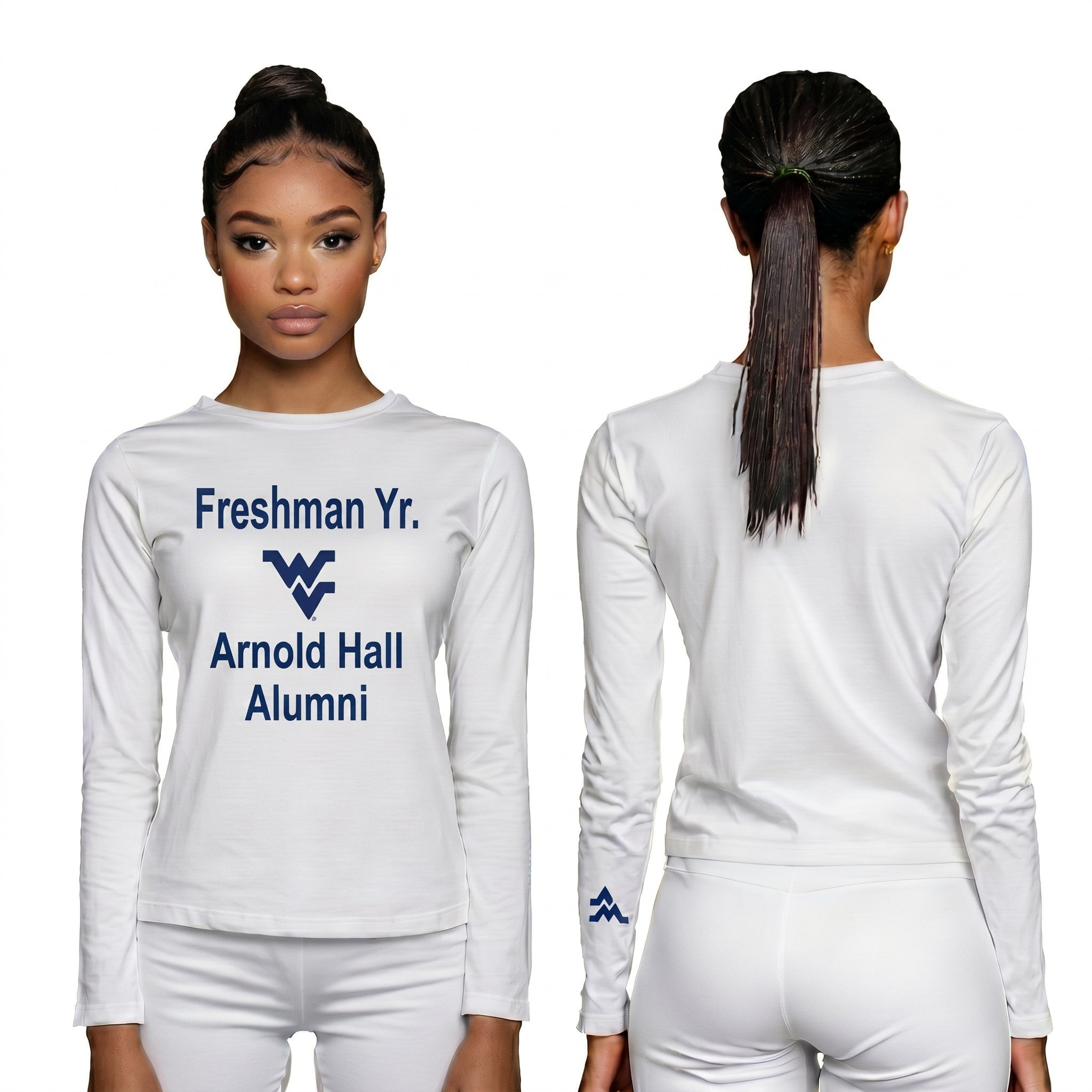 Licensed Women's WVU White | Cooling Performance Long Sleeve Tee | “Freshman Yr. Arnold Hall Alumni” by Sassy Foot Fashion