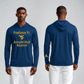 Licensed WVU Blue Cooling Performance Hooded Long Sleeve Tee (Men’s/Unisex) | “Freshman Yr. Arnold Hall Alumni” | Spring/Summer Collection | Sassy Foot Fashion