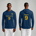 Licensed WVU Blue Cooling Performance Hooded Long Sleeve Tee (Men’s/Unisex) | “Major Harris” | Spring/Summer Collection | Sassy Foot Fashion
