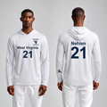Licensed WVU White Cooling Performance Hooded Long Sleeve Tee (Men’s/Unisex) | “Don Nehlen” | Spring/Summer Collection | Sassy Foot Fashion