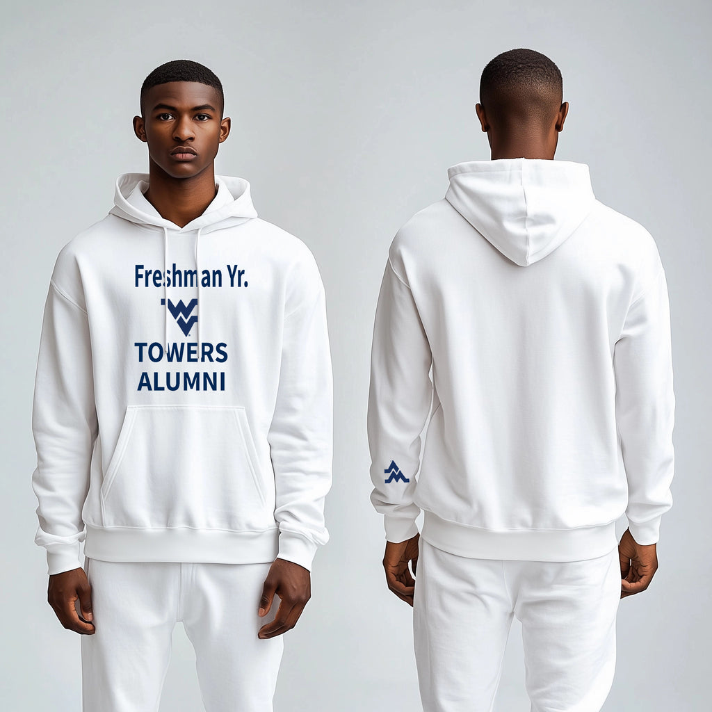 Licensed Unisex WVU White Hoodie | “Freshman Yr. Towers Alumni” by Sassy Foot Fashion