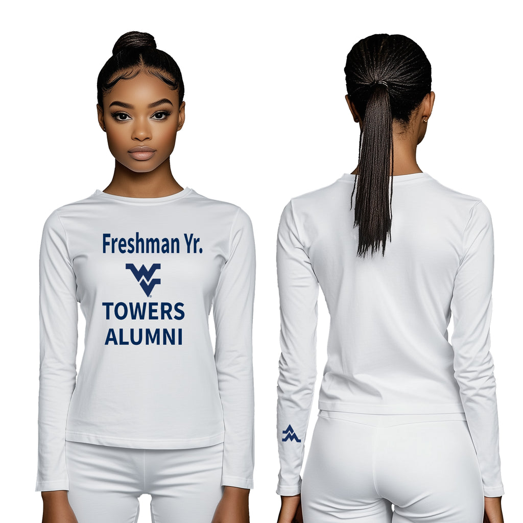 Licensed Unisex WVU White | Cooling Performance Long Sleeve Tee | “Freshman Yr. Towers Alumni” by Sassy Foot Fashion