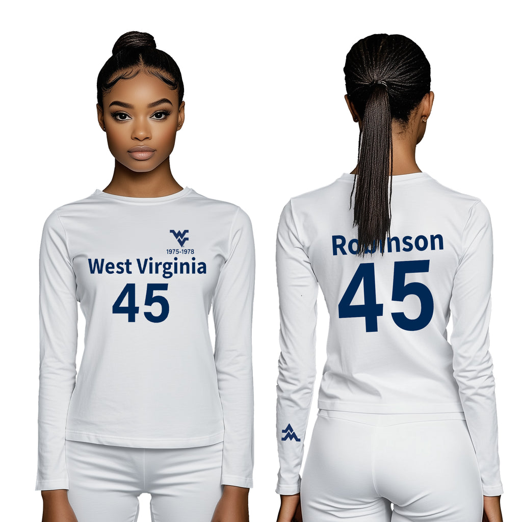 Licensed Unisex WVU White | Cooling Performance Long Sleeve Tee | “Maurice Mo Robinson” by Sassy Foot Fashion