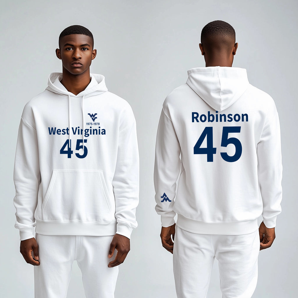 Licensed WVU White Hoodie | “Maurice Mo Robinson” by Sassy Foot Fashion