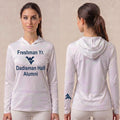 Licensed WVU White Cooling Performance Hooded Long Sleeve Tee (Women’s/Unisex) | “Freshman Yr. Dadisman Hall Alumni” | Spring/Summer Collection | Sassy Foot Fashion