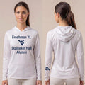 Licensed WVU White Cooling Performance Hooded Long Sleeve Tee (Women’s/Unisex) | “Freshman Yr. Stalnaker Hall Alumni” | Spring/Summer Collection | Sassy Foot Fashion