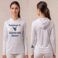 Licensed WVU White Cooling Performance Hooded Long Sleeve Tee (Women’s/Unisex) | “Freshman Yr. Summit Hall Alumni” | Spring/Summer Collection | Sassy Foot Fashion