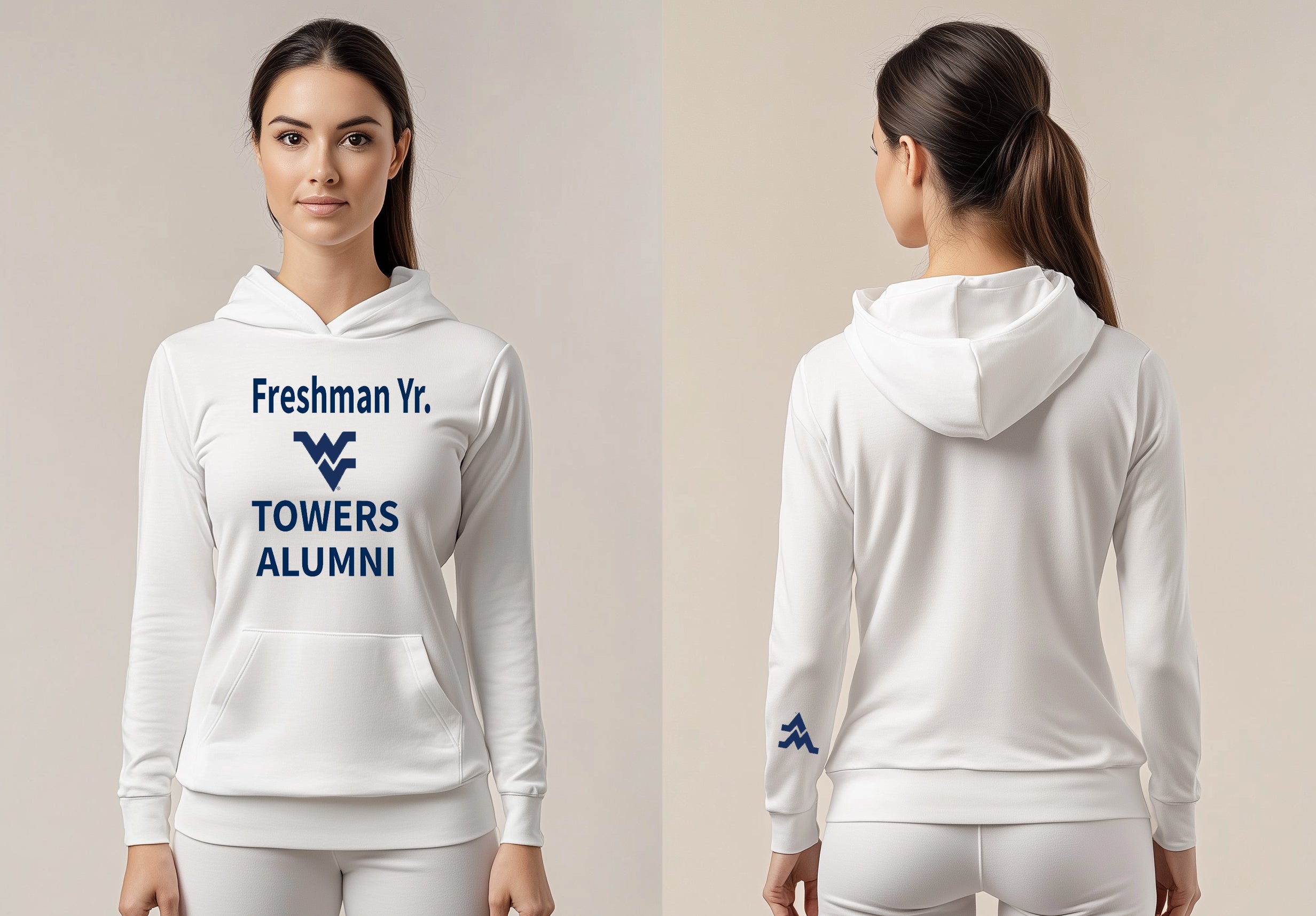 Licensed Unisex WVU White Hoodie | “Freshman Yr. Towers Alumni” by Sassy Foot Fashion