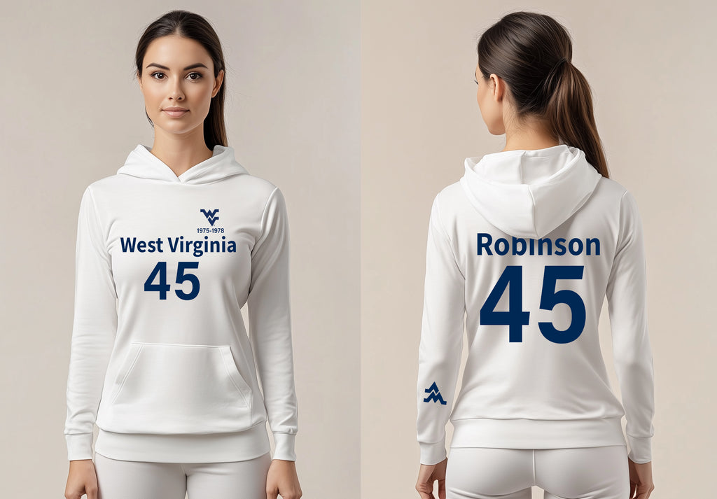 Licensed WVU White Hoodie | “Maurice Mo Robinson” by Sassy Foot Fashion